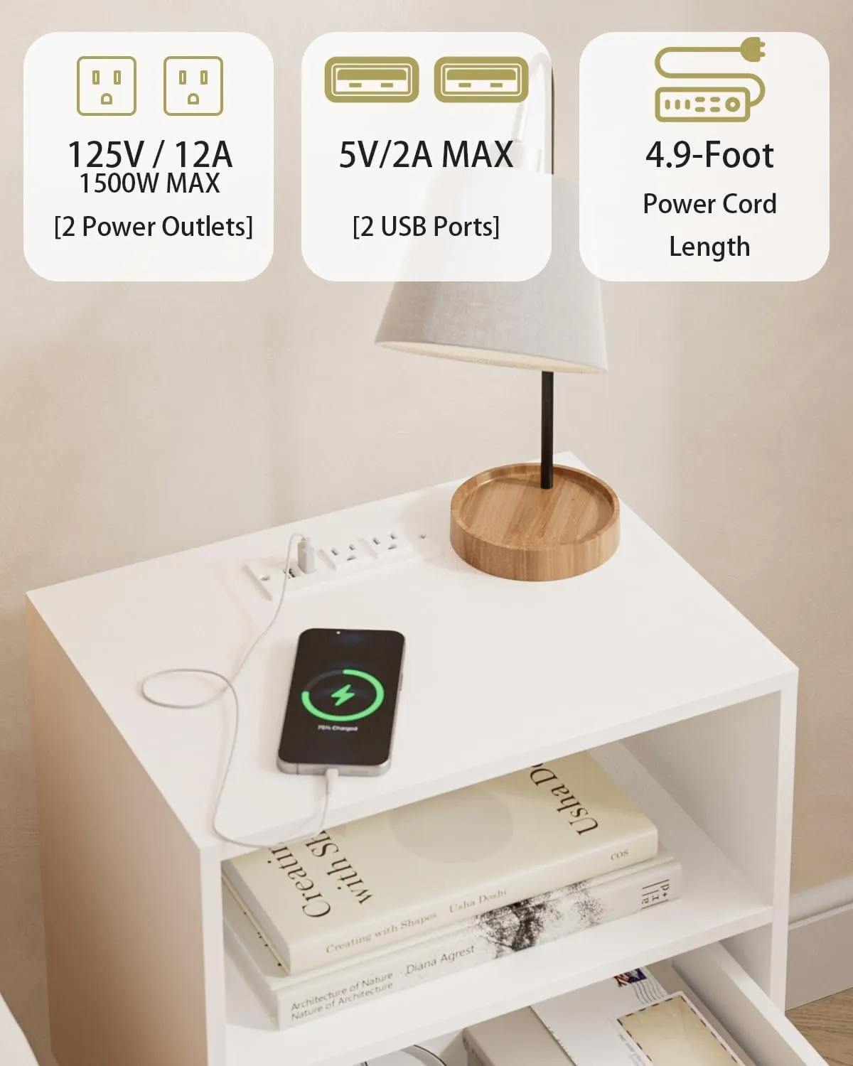 Bedroom Nightstands Wooden Night Stands with Rattan Weaving Drawer Home Bedside End Table for Bedroom Storage (Modern-White)