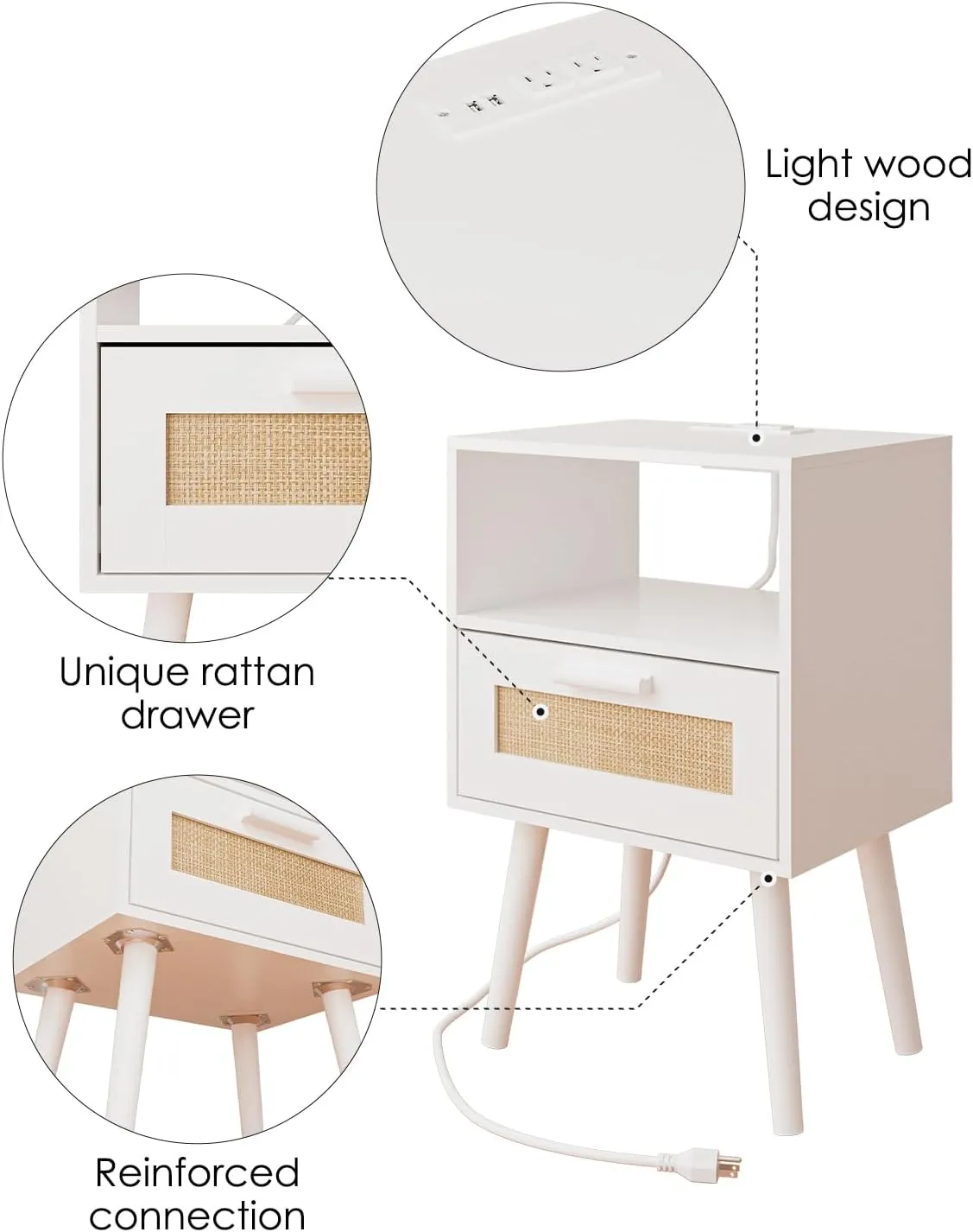 Bedroom Nightstands Wooden Night Stands with Rattan Weaving Drawer Home Bedside End Table for Bedroom Storage (Modern-White)