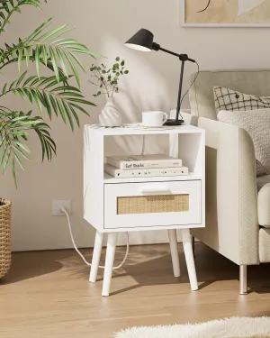 Bedroom Nightstands Wooden Night Stands with Rattan Weaving Drawer Home Bedside End Table for Bedroom Storage (Modern-White)