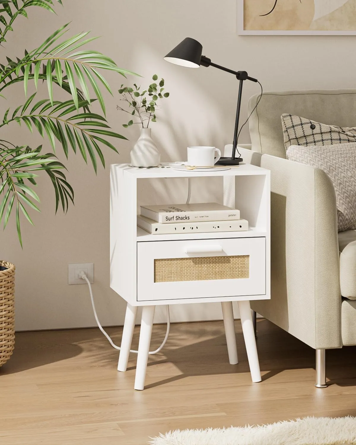 Bedroom Nightstands Wooden Night Stands with Rattan Weaving Drawer Home Bedside End Table for Bedroom Storage (Modern-White)
