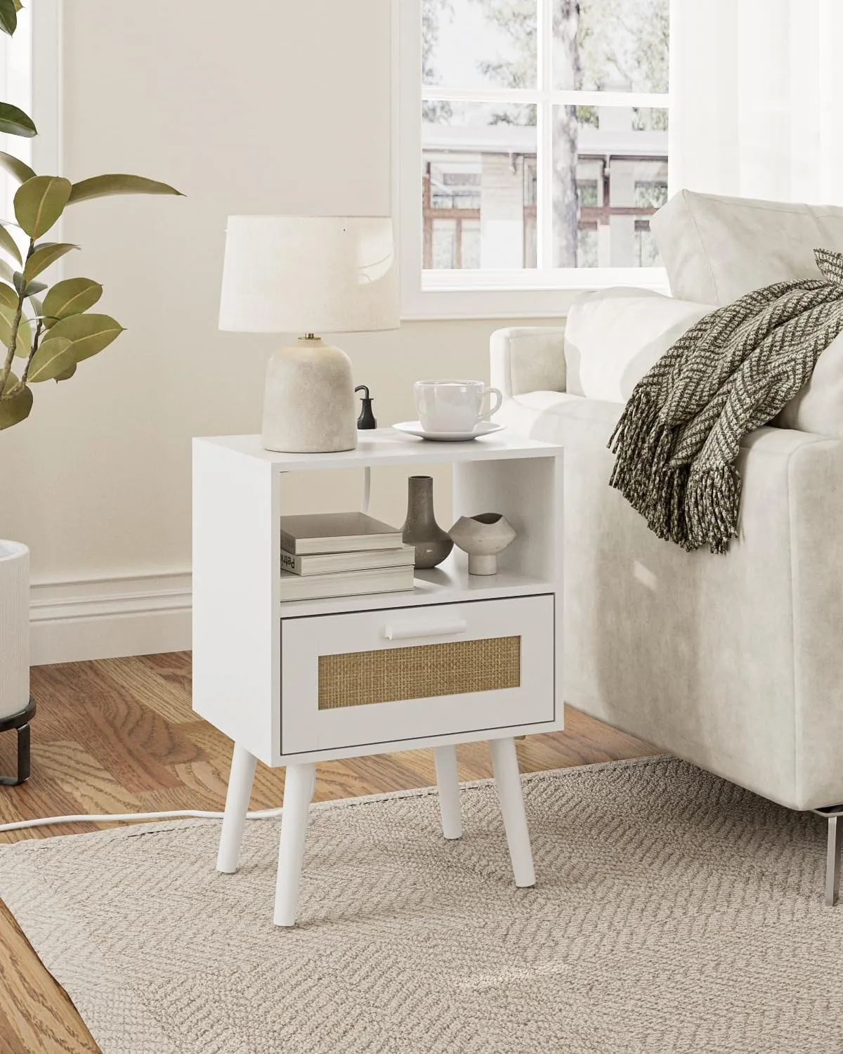 Bedroom Nightstands Wooden Night Stands with Rattan Weaving Drawer Home Bedside End Table for Bedroom Storage (Modern-White)