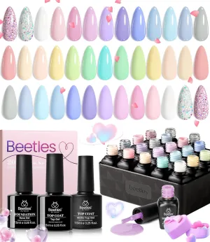 beetles Gel Polish Set - 23Pcs Pastel Nail Set with Glossy & Matte Top Coat Base Coat, Yellow Pink White Purple Blue Bright Color Macaroon Glitter Uv Nails Paradise Gel Polish Gift for Women & Girls