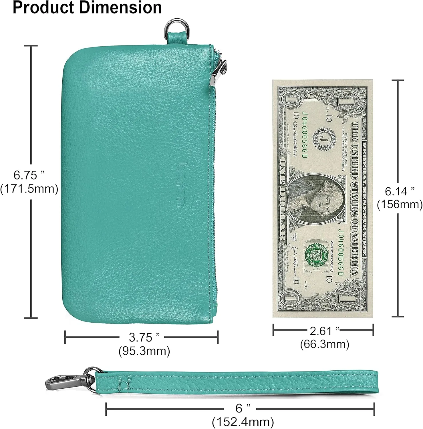 befen Genuine Leather Wristlet Coin Purse, Small Italian Leather Zipper Wallet Pouch for Women 6.75 x 3.75