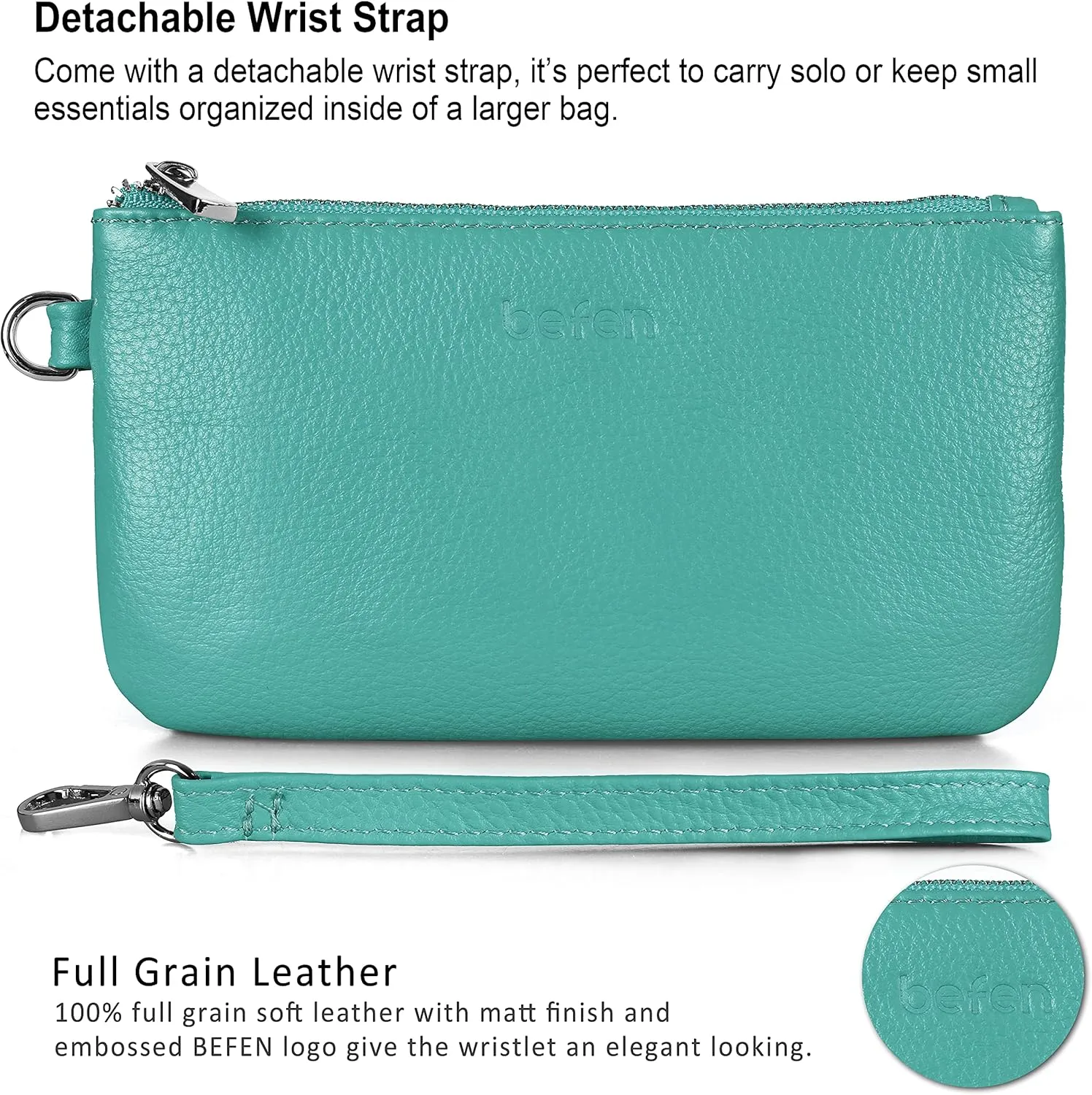 befen Genuine Leather Wristlet Coin Purse, Small Italian Leather Zipper Wallet Pouch for Women 6.75 x 3.75