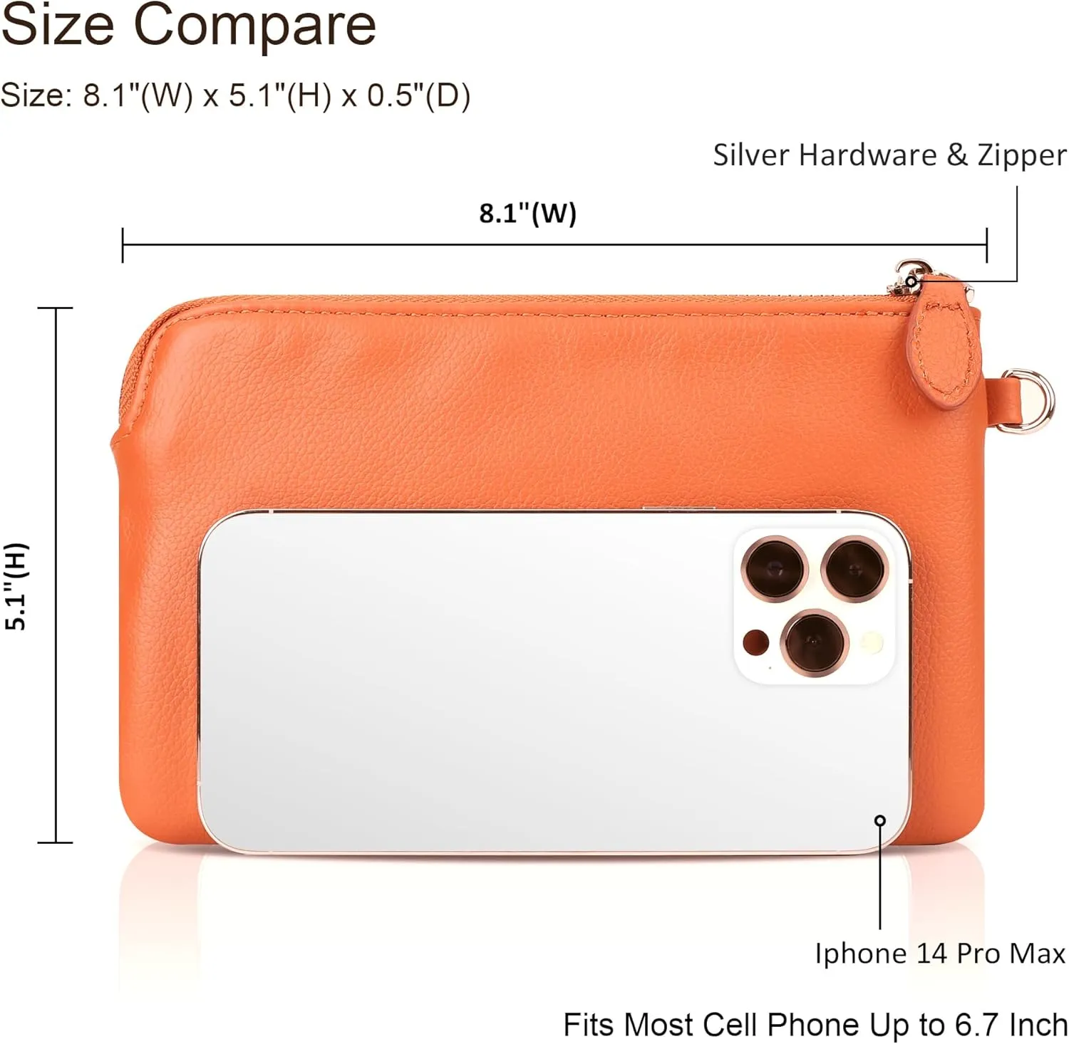 befen Women's Genuine Leather Wristlet Clutch Purse Ladies Slim Corner Zip Wallets, Silver Zipper