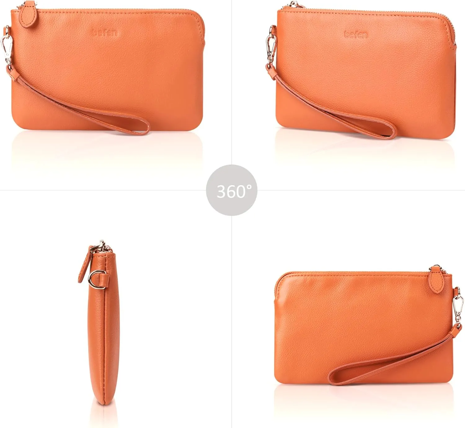 befen Women's Genuine Leather Wristlet Clutch Purse Ladies Slim Corner Zip Wallets, Silver Zipper