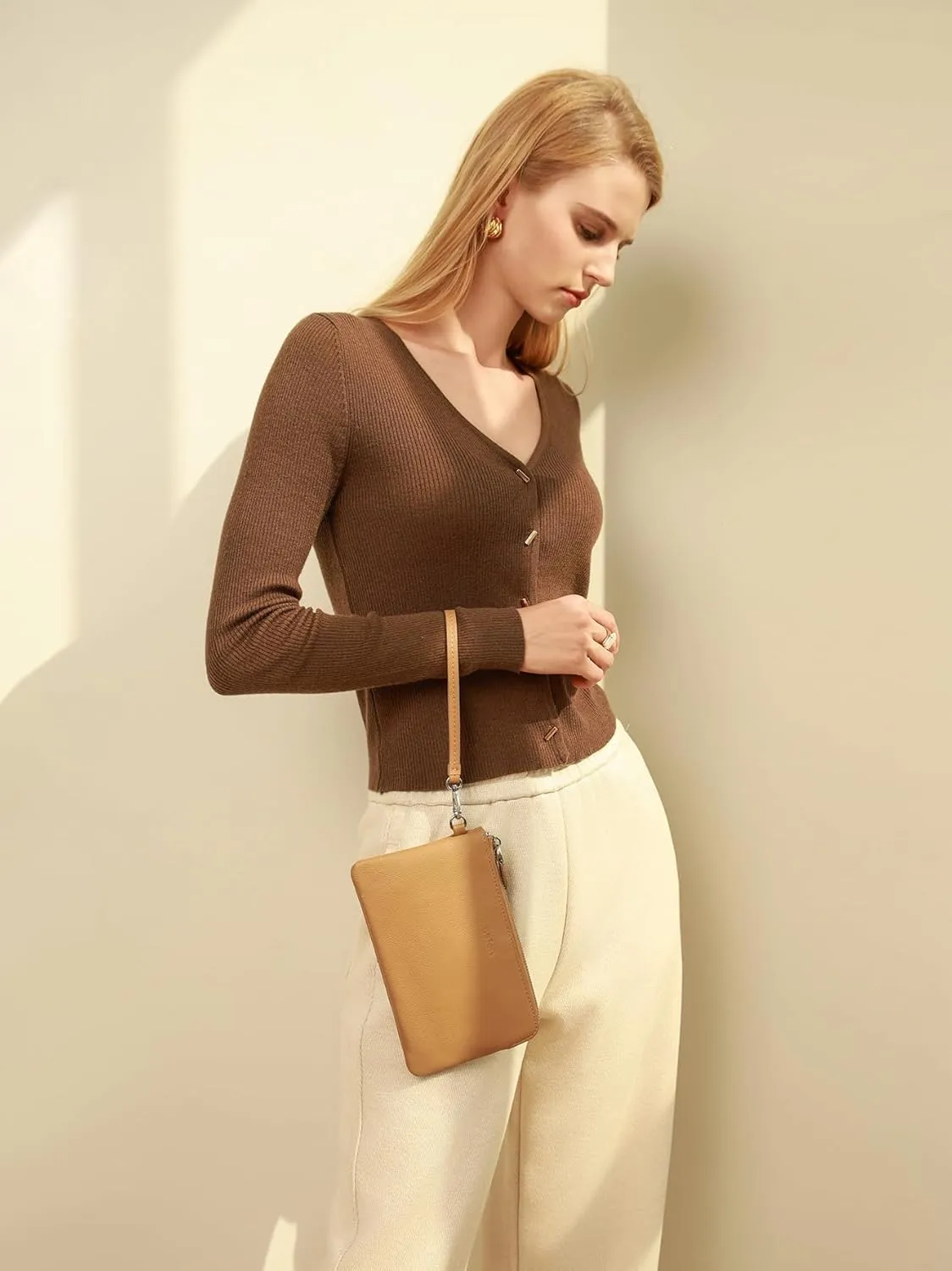 befen Women's Genuine Leather Wristlet Clutch Purse Ladies Slim Corner Zip Wallets, Silver Zipper