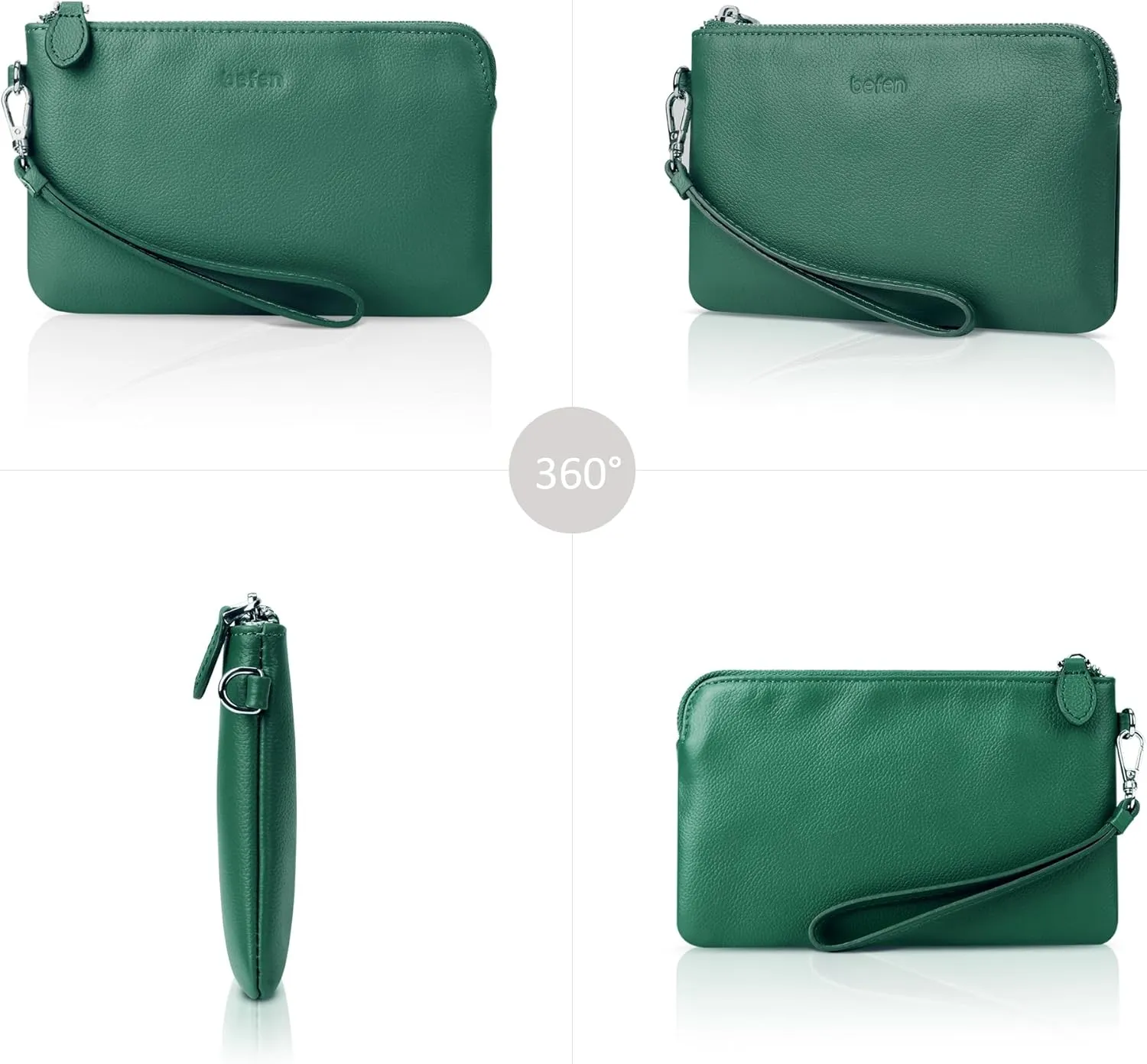 befen Women's Genuine Leather Wristlet Clutch Purse Ladies Slim Corner Zip Wallets, Silver Zipper