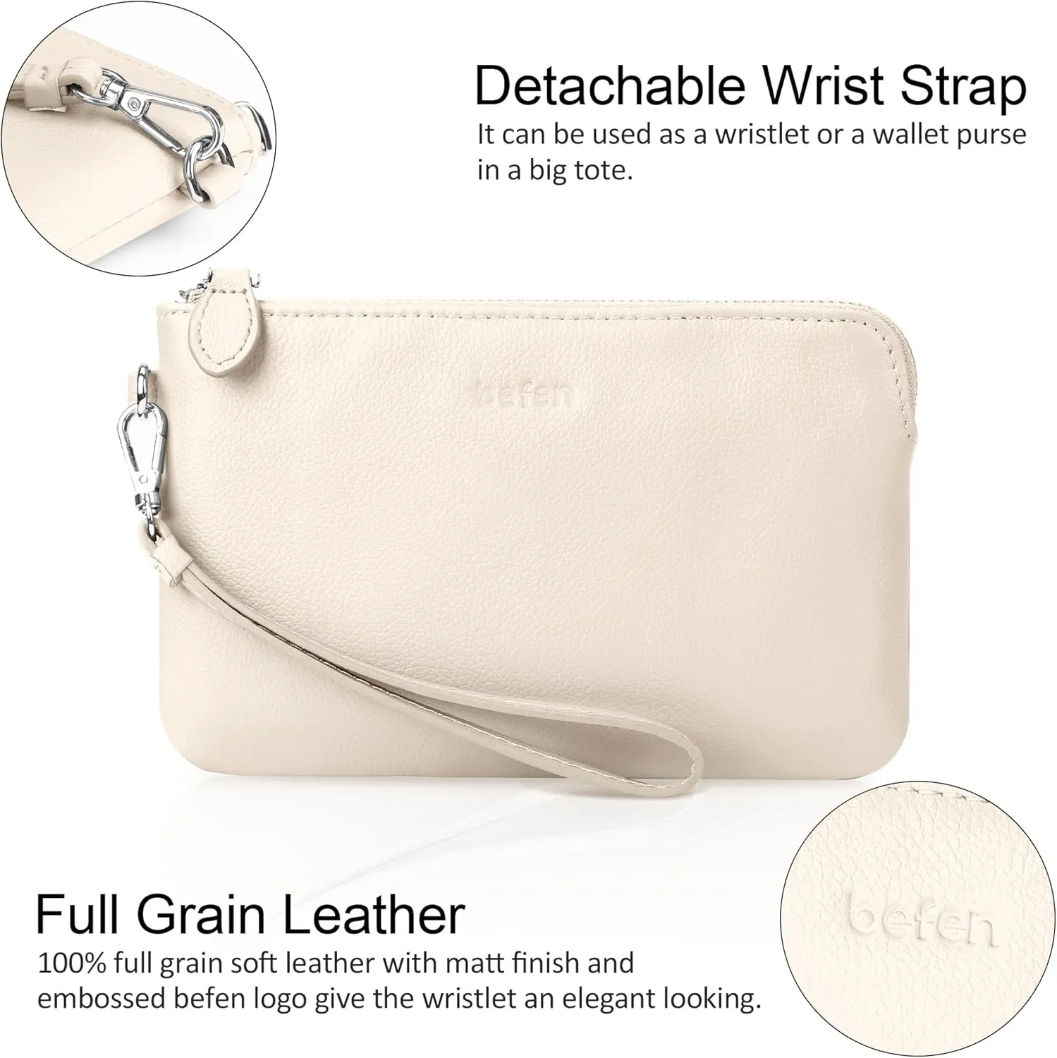 befen Women's Genuine Leather Wristlet Clutch Purse Ladies Slim Corner Zip Wallets, Silver Zipper