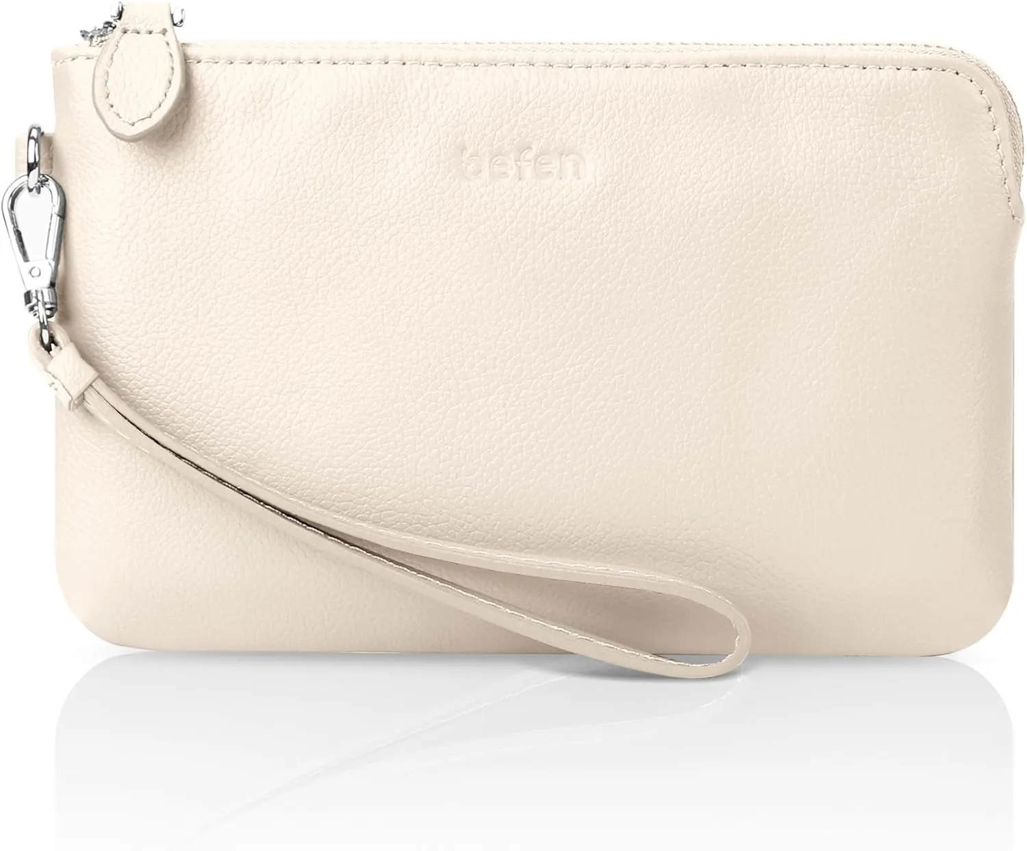 befen Women's Genuine Leather Wristlet Clutch Purse Ladies Slim Corner Zip Wallets, Silver Zipper