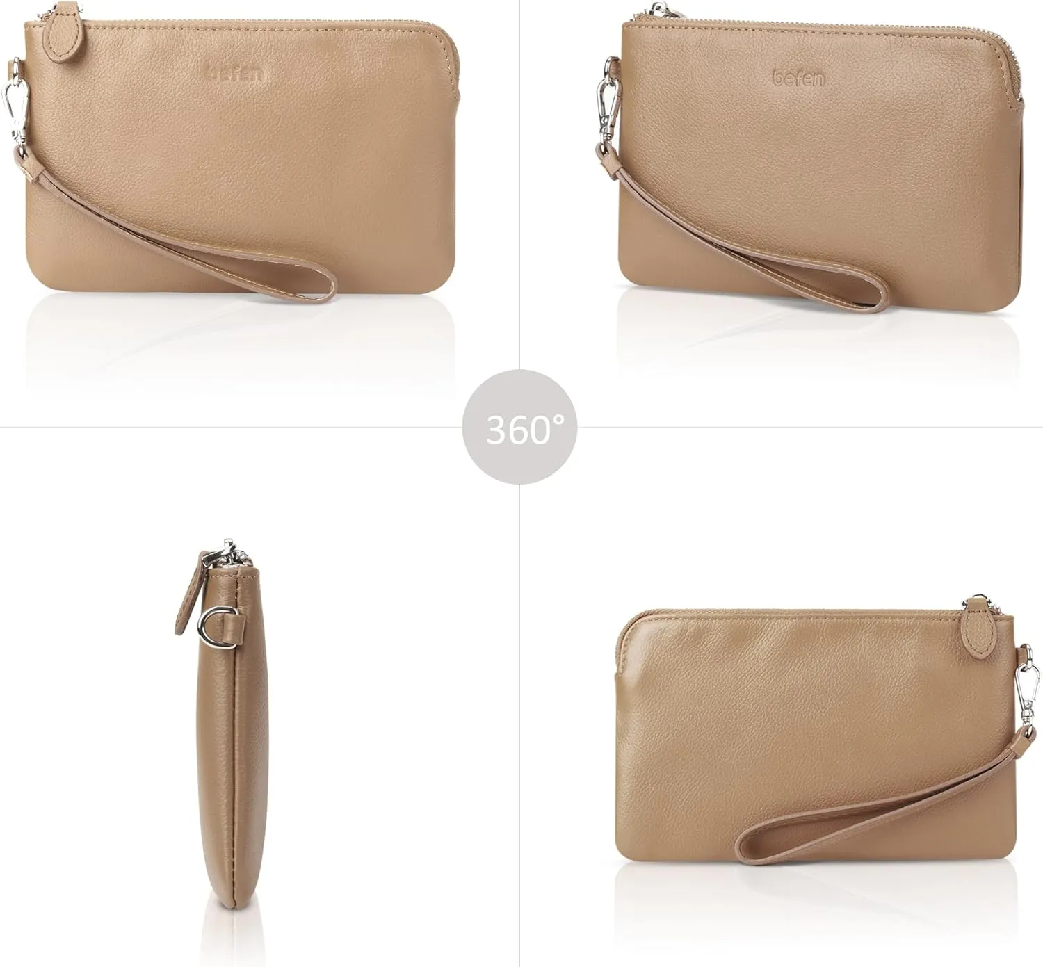 befen Women's Genuine Leather Wristlet Clutch Purse Ladies Slim Corner Zip Wallets, Silver Zipper