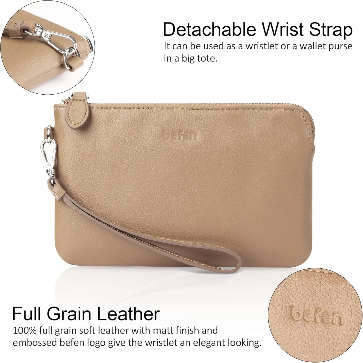 befen Women's Genuine Leather Wristlet Clutch Purse Ladies Slim Corner Zip Wallets, Silver Zipper