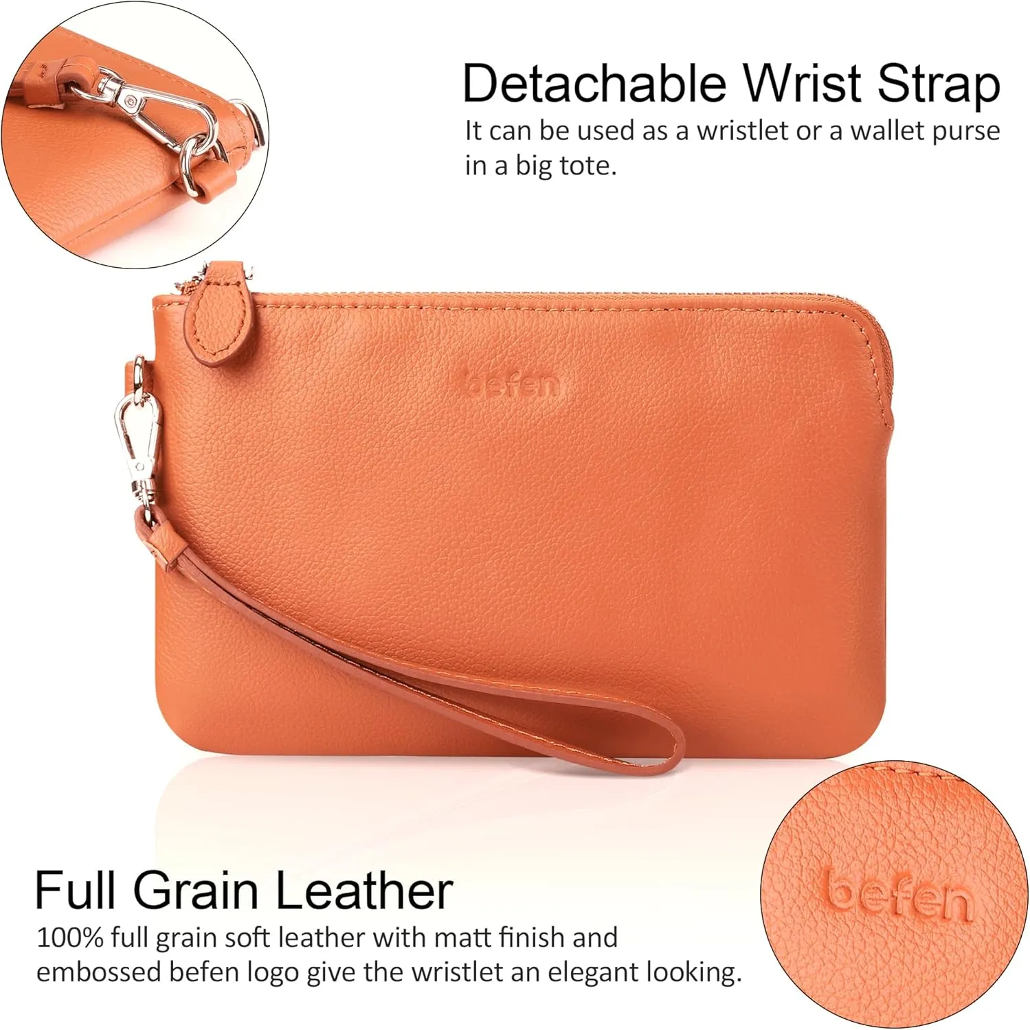 befen Women's Genuine Leather Wristlet Clutch Purse Ladies Slim Corner Zip Wallets, Silver Zipper