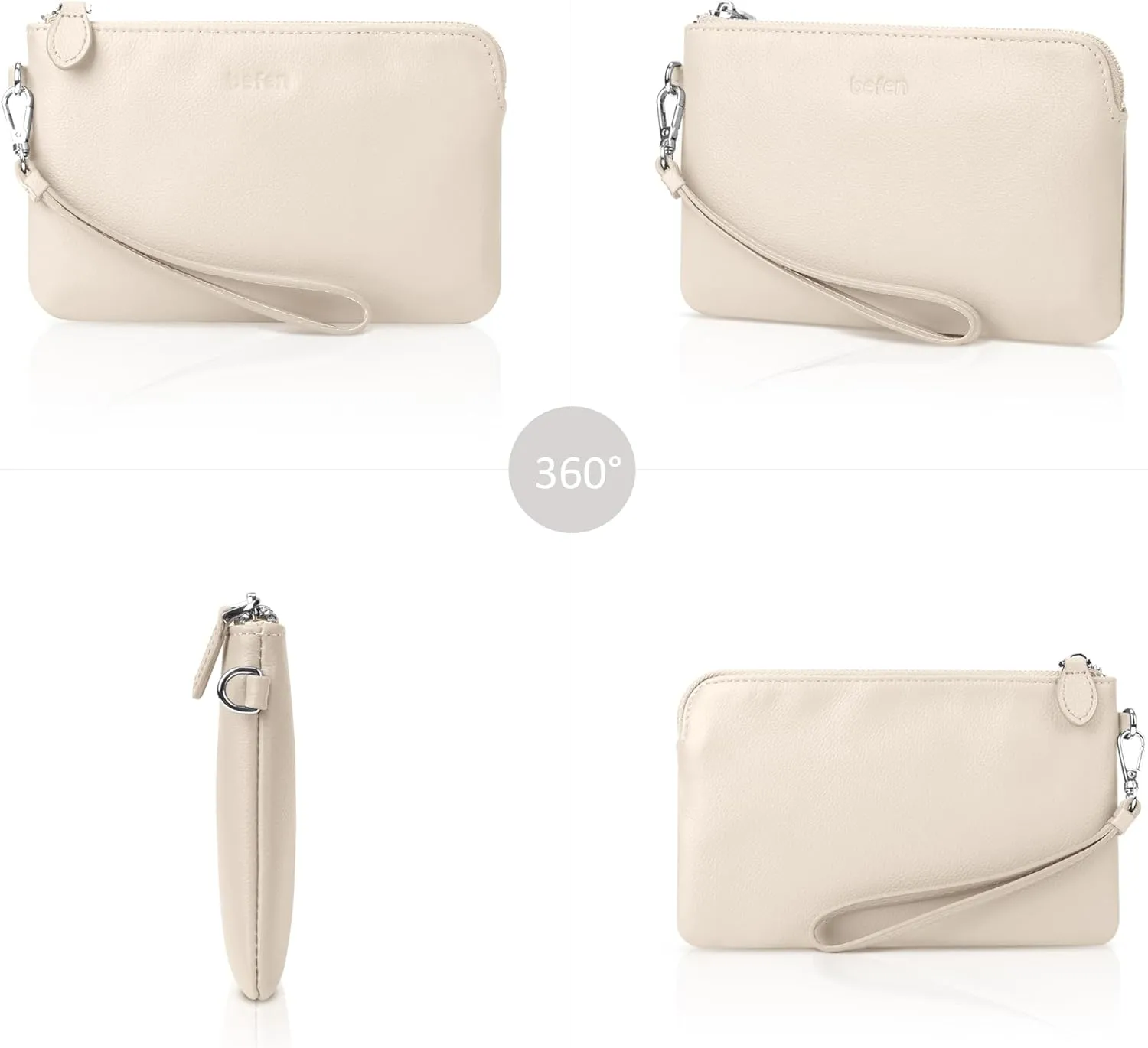 befen Women's Genuine Leather Wristlet Clutch Purse Ladies Slim Corner Zip Wallets, Silver Zipper