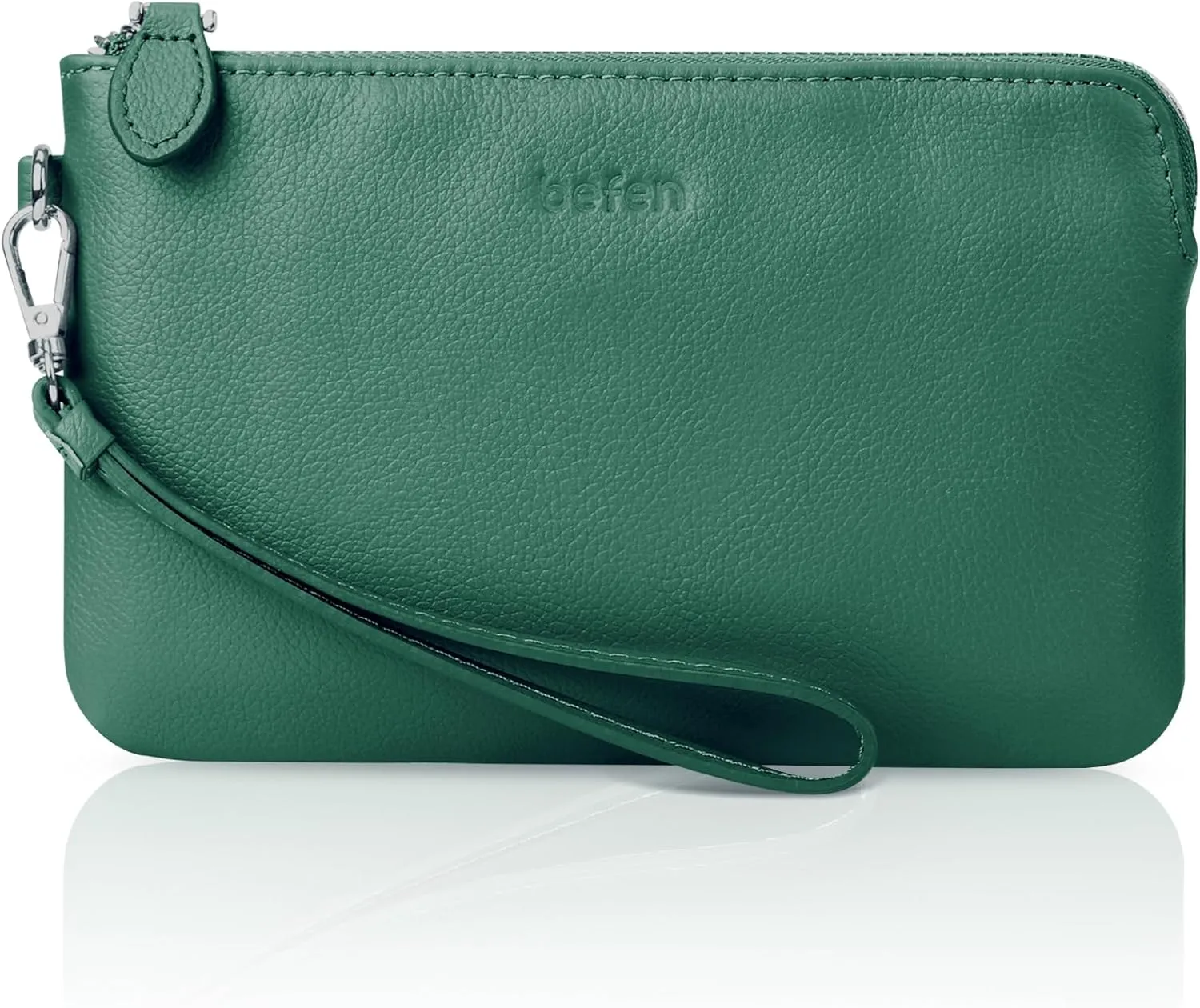 befen Women's Genuine Leather Wristlet Clutch Purse Ladies Slim Corner Zip Wallets, Silver Zipper