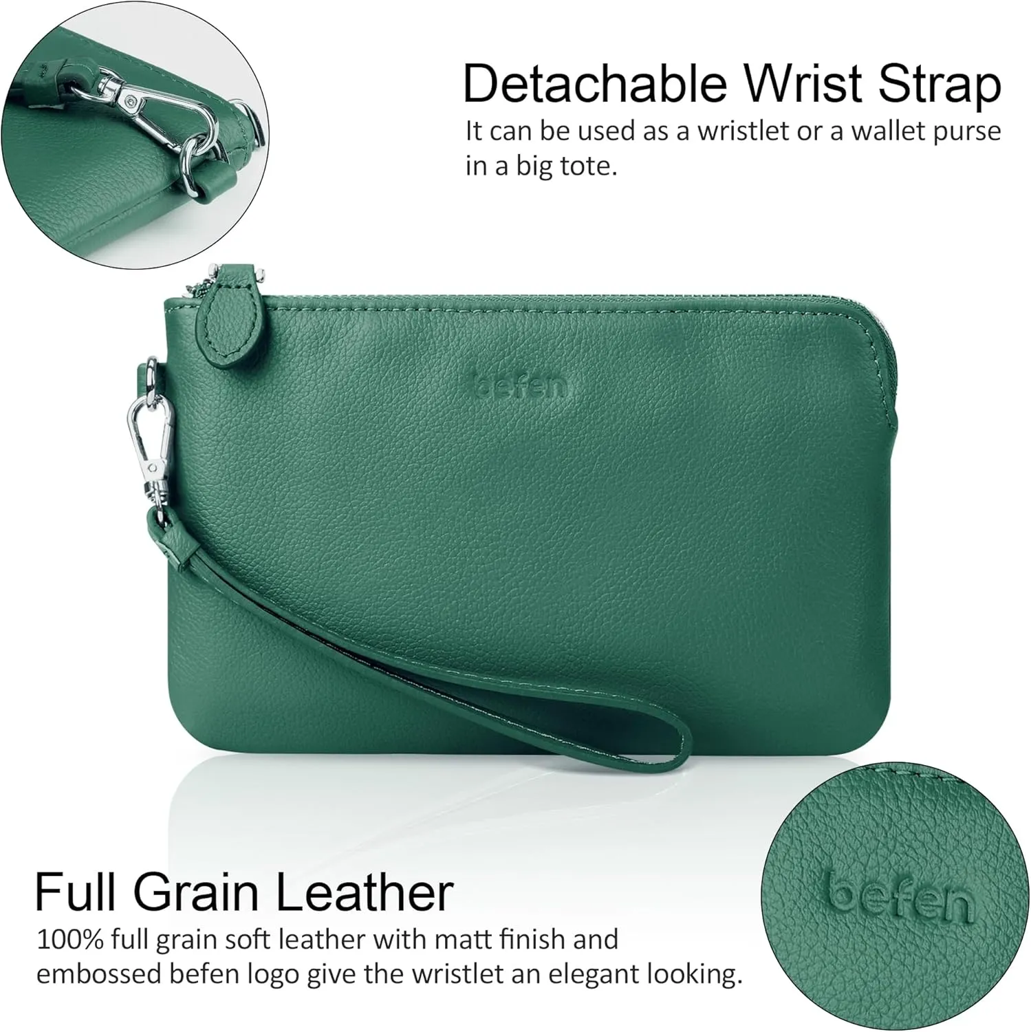 befen Women's Genuine Leather Wristlet Clutch Purse Ladies Slim Corner Zip Wallets, Silver Zipper