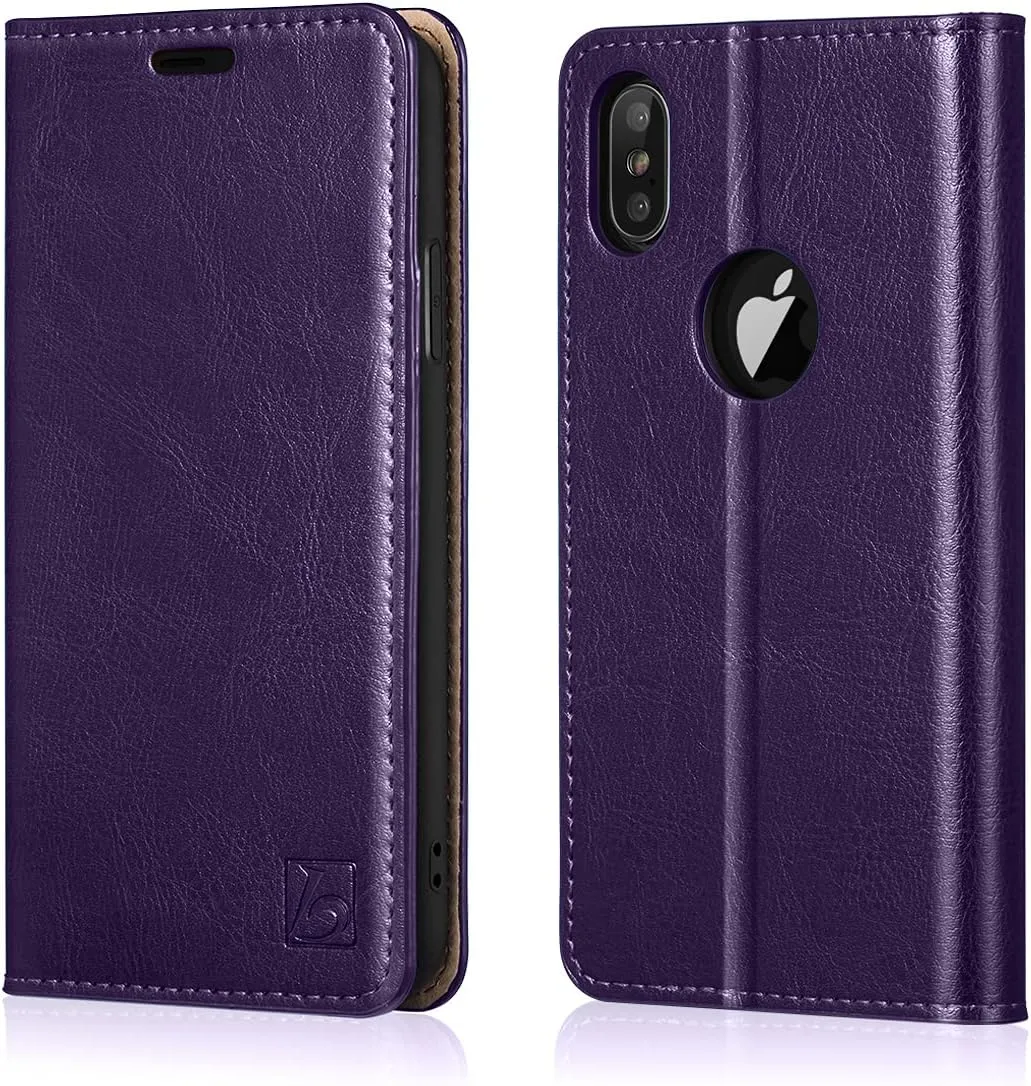 Belemay Compatible with iPhone X Wallet Case, Compatible with iPhone 10 Case, Genuine Cowhide Leather Flip Cover [RFID Blocking] Card Holder Folio Protective Folding Case Kickstand, Purple