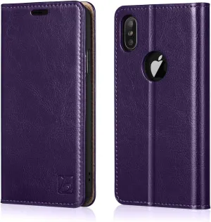 Belemay Compatible with iPhone X Wallet Case, Compatible with iPhone 10 Case, Genuine Cowhide Leather Flip Cover [RFID Blocking] Card Holder Folio Protective Folding Case Kickstand, Purple