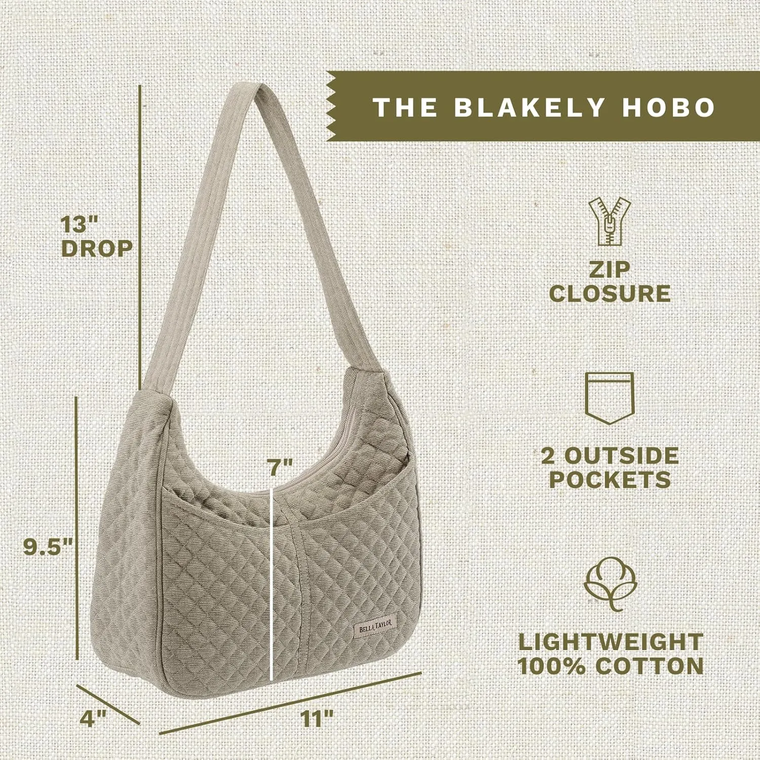 Bella Taylor Blakely - Hobo Shoulder Bag for Women - Lightweight Quilted Fabric Purse with Pockets