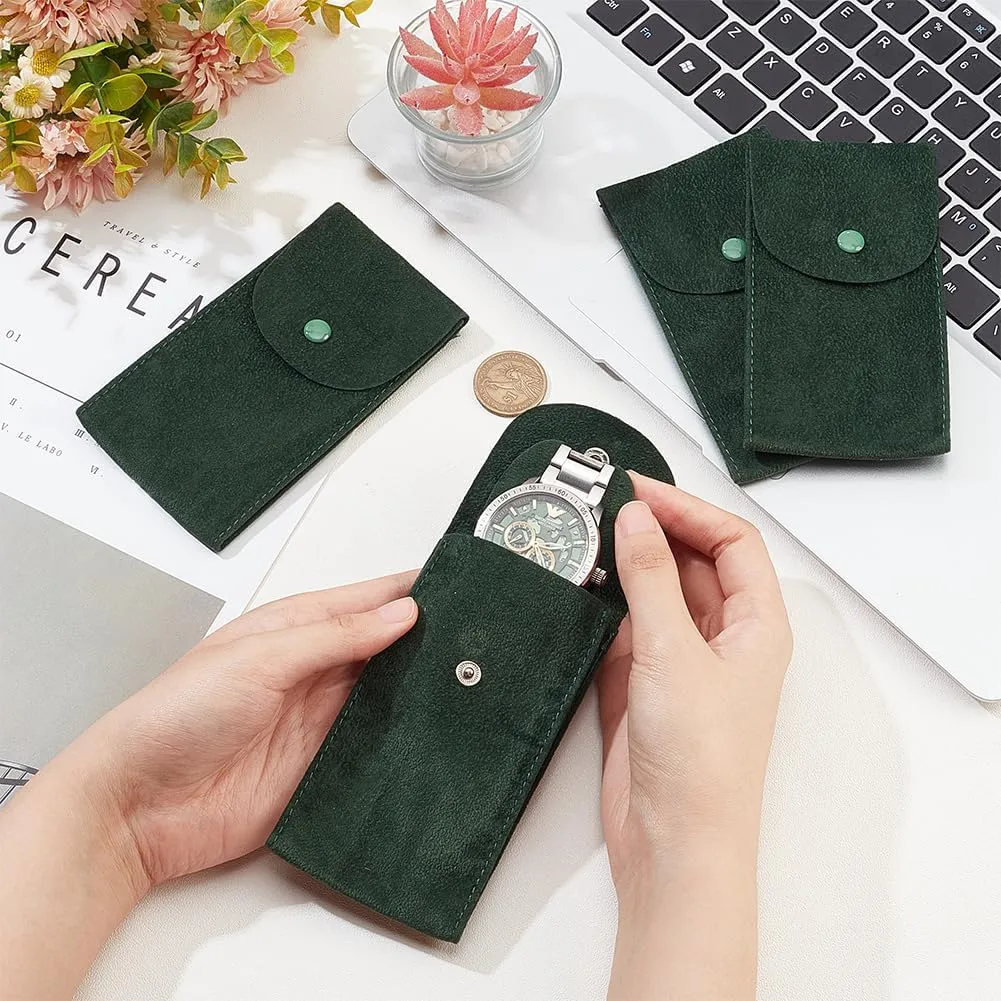 BENECREAT 4PCS Watch Pouch Watch Storage Bag, Dark Green Portable Velvet Watch Travel Case Organizer with Insert for Travel Outdoor, 5x2.6x0.23