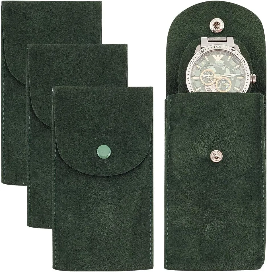 BENECREAT 4PCS Watch Pouch Watch Storage Bag, Dark Green Portable Velvet Watch Travel Case Organizer with Insert for Travel Outdoor, 5x2.6x0.23