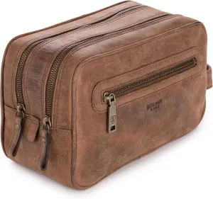 BERLINER BAGS Vintage Genuine Leather Toiletry Bag Max 2, Two Zippered Compartments, Large Capacity Cosmetics Bag for Men and Women for Travel - Brown