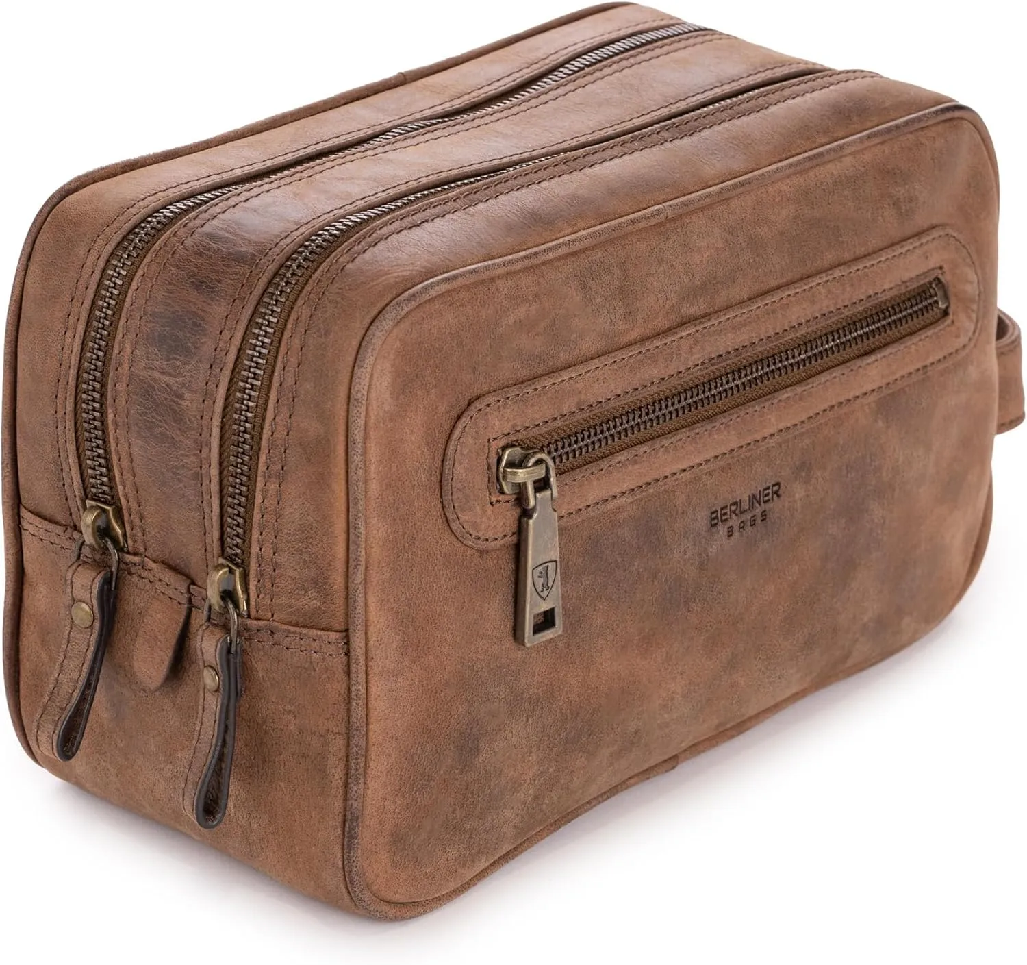 BERLINER BAGS Vintage Genuine Leather Toiletry Bag Max 2, Two Zippered Compartments, Large Capacity Cosmetics Bag for Men and Women for Travel - Brown