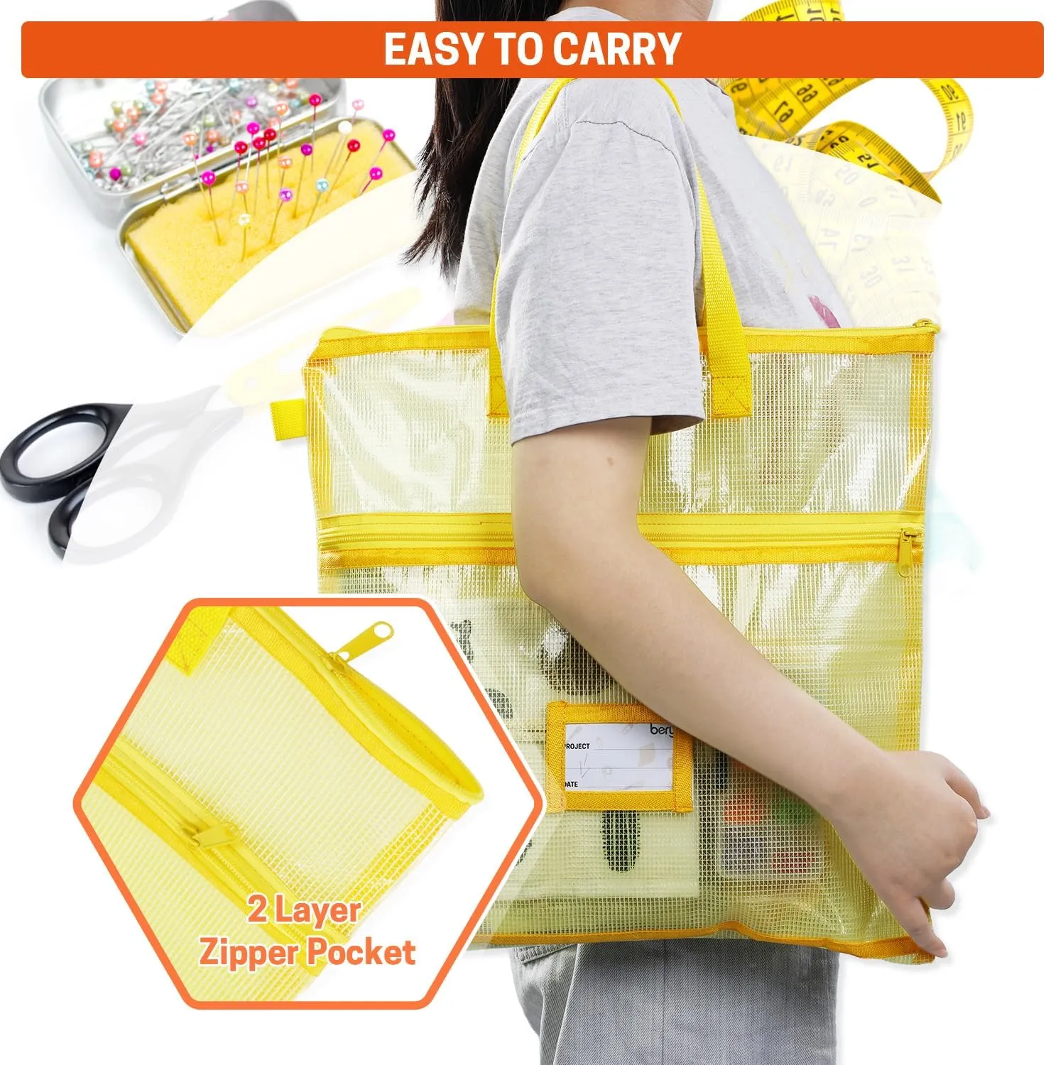 BERYA 16.14 x 16.14 inch Sewing Project Bag, Large Double Pocket Craft Bag Organizer Tote with Handles, Clear Mesh Art Supply Bag for Quilting, Knitting, Embroidery Projects Storage (Yellow-2 Pack)