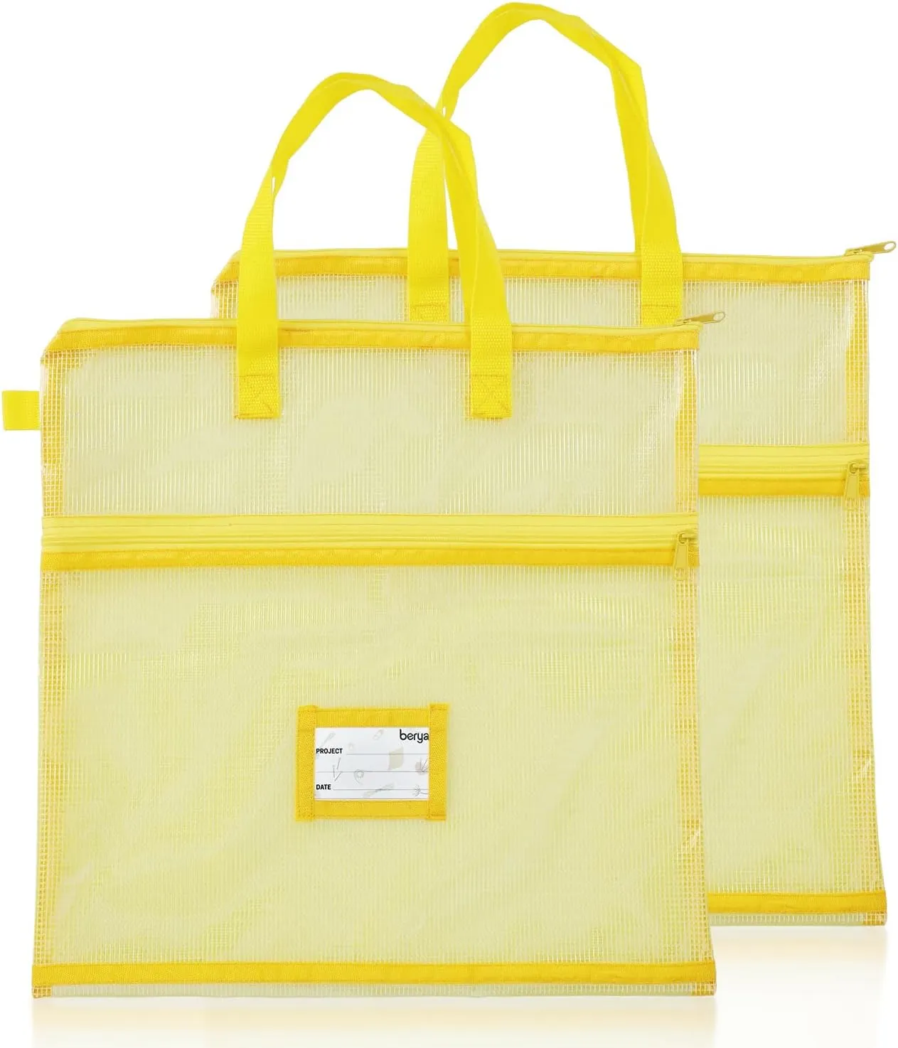 BERYA 16.14 x 16.14 inch Sewing Project Bag, Large Double Pocket Craft Bag Organizer Tote with Handles, Clear Mesh Art Supply Bag for Quilting, Knitting, Embroidery Projects Storage (Yellow-2 Pack)