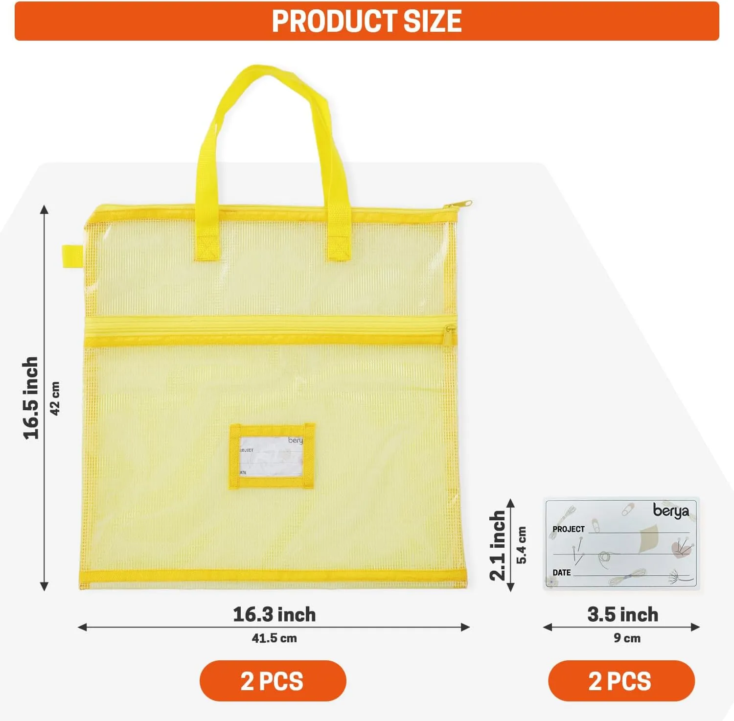 BERYA 16.14 x 16.14 inch Sewing Project Bag, Large Double Pocket Craft Bag Organizer Tote with Handles, Clear Mesh Art Supply Bag for Quilting, Knitting, Embroidery Projects Storage (Yellow-2 Pack)