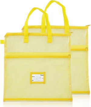 BERYA 16.14 x 16.14 inch Sewing Project Bag, Large Double Pocket Craft Bag Organizer Tote with Handles, Clear Mesh Art Supply Bag for Quilting, Knitting, Embroidery Projects Storage (Yellow-2 Pack)