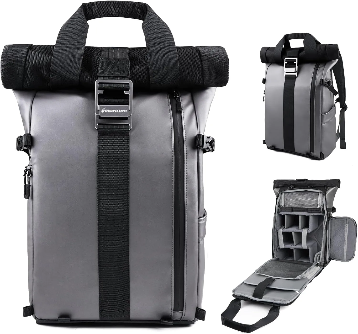 Besnfoto Camera Backpack Waterproof Camera Bag for Photographer DSLR SLR Mirrorless with Laptop Compartment and Rain Cover Slivery