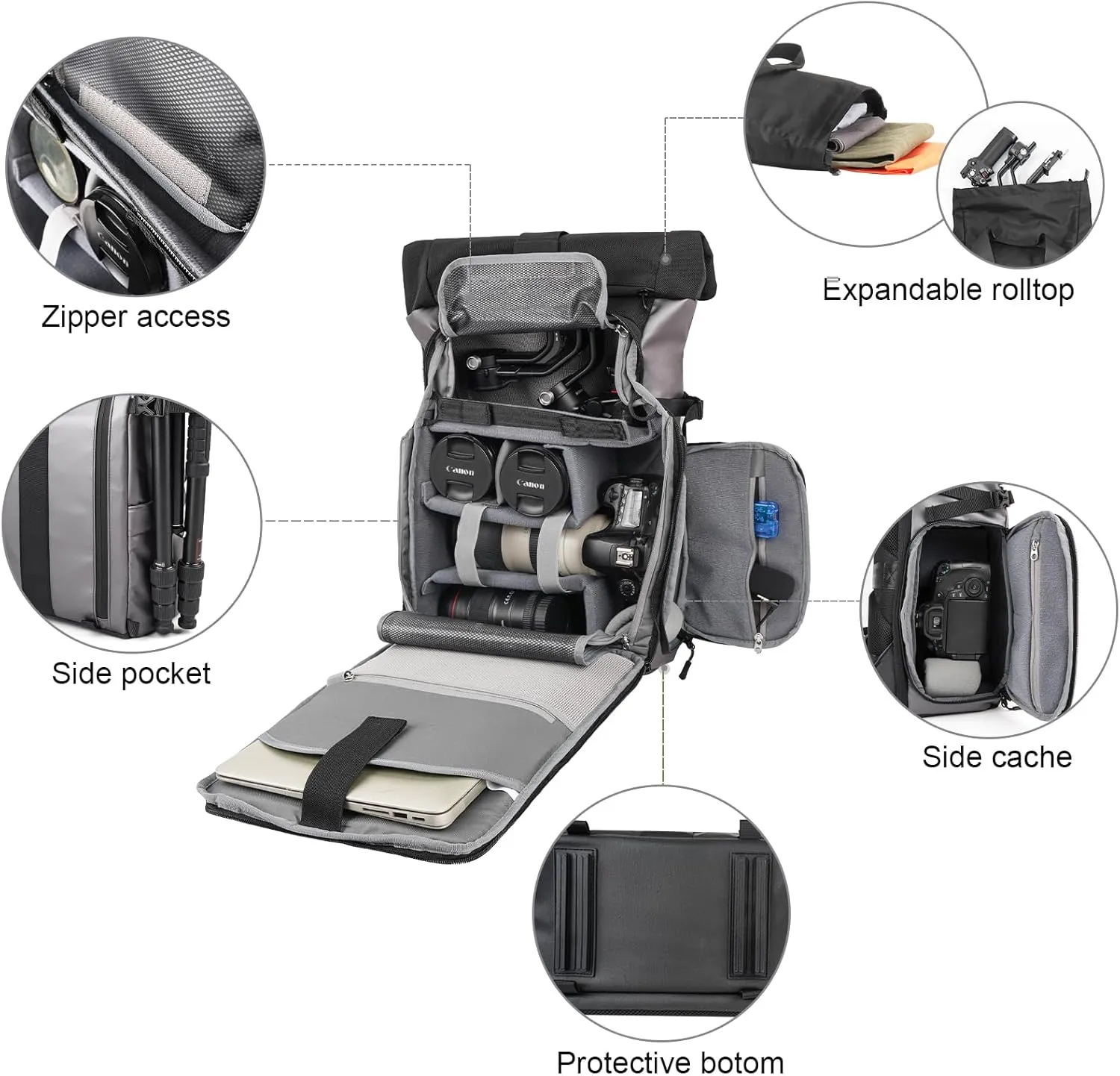 Besnfoto Camera Backpack Waterproof Camera Bag for Photographer DSLR SLR Mirrorless with Laptop Compartment and Rain Cover Slivery