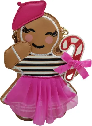 Betsey Johnson Kitsch XO Can Can Gingerbread Girl With Fabric Skirt & Red Glitter Detail Candy Cane Christmas Holiday Adjustable Strap Crossbody Bag