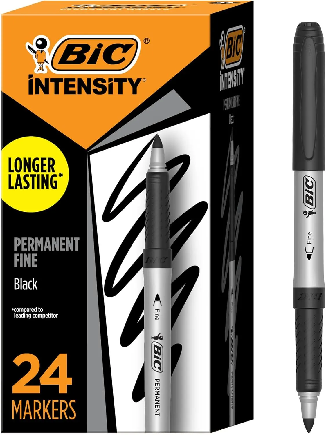 BIC Intensity Black Permanent Markers, Fine Point, 24-Count Pack of Black Markers With Non-Slip Grip for Comfort and Control