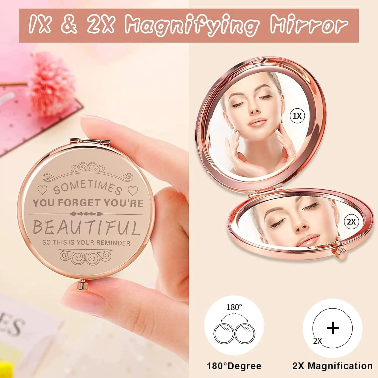Birthday Gifts for Women－Compact Makeup Mirror,Gifts for Women, Festival,Valentine's Day,Christmas,Mother's Day, Graduation Party,The Gift for mom,Wife,Sister,Daughter,Friend,Classmate … (2-Rose gold)