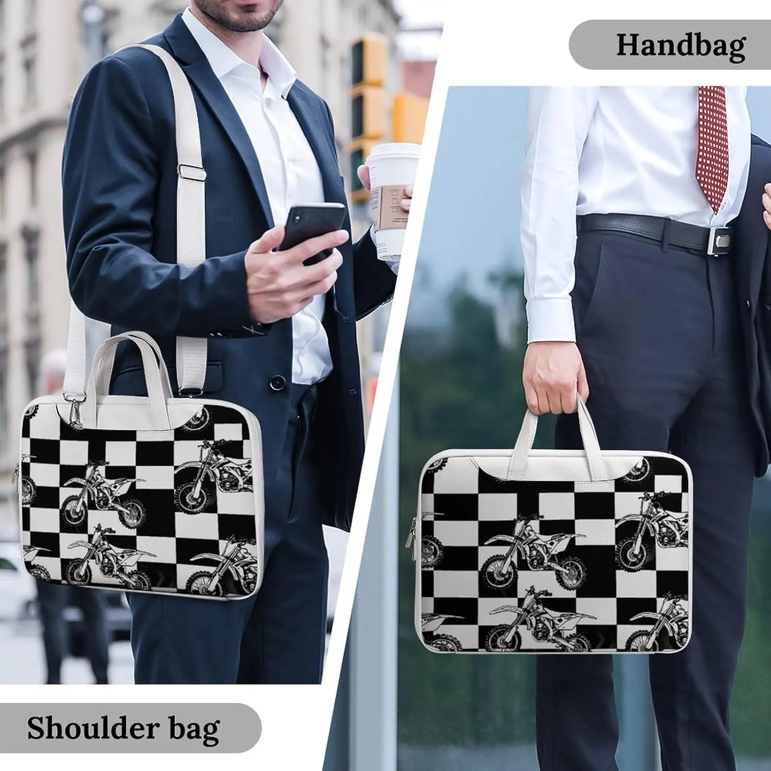 Black And White Plaid Dirt Bikes Laptop Tote Bag Waterproof Computer Carrying Case Business Office Briefcase