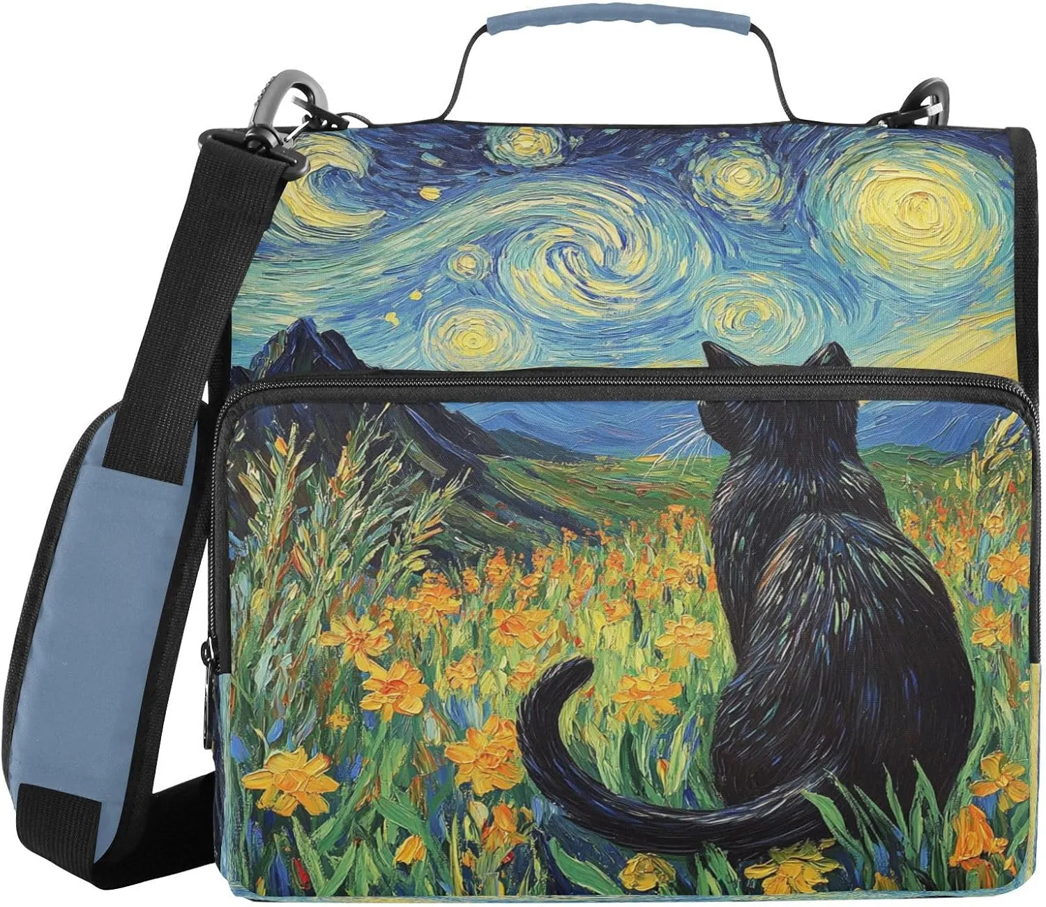 Black Cat Starry Field 3 Ring Zipper Binder with Shoulder Strap Portfolio Organizer for School Office Supplies Storage