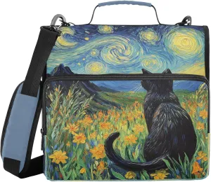Black Cat Starry Field 3 Ring Zipper Binder with Shoulder Strap Portfolio Organizer for School Office Supplies Storage