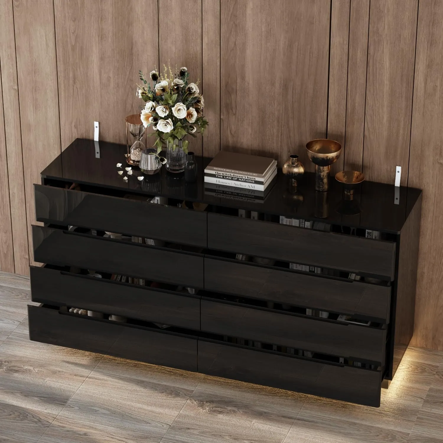 Black Drawer Dresser with LED Light, Modern High Gloss Dresser with 8 Drawers, 63" Long Dresser Double Dresser Storage Chest of Drawer for Bedroom, Living Room, Entryway
