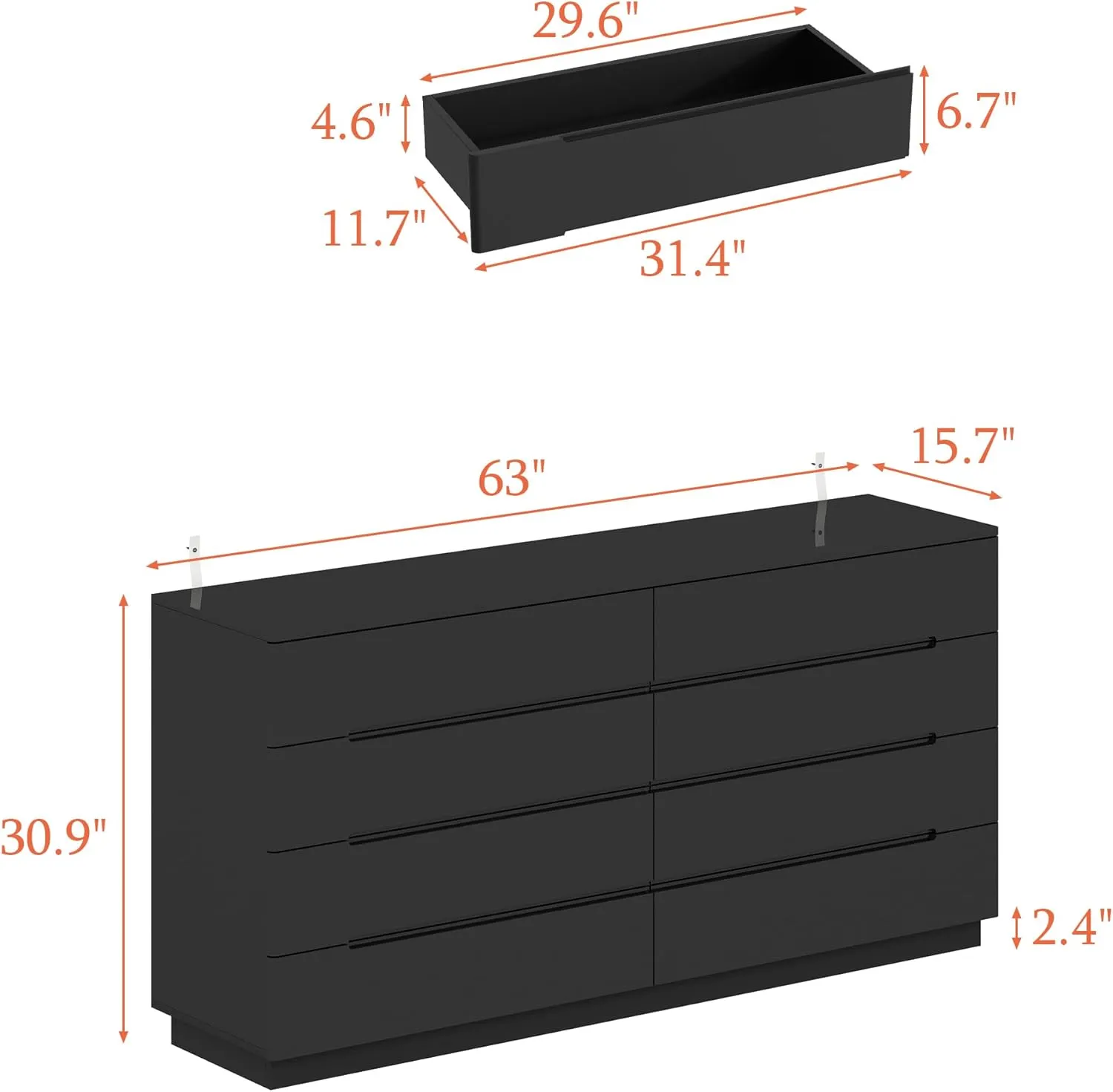 Black Drawer Dresser with LED Light, Modern High Gloss Dresser with 8 Drawers, 63" Long Dresser Double Dresser Storage Chest of Drawer for Bedroom, Living Room, Entryway