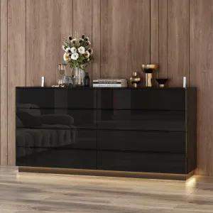 Black Drawer Dresser with LED Light, Modern High Gloss Dresser with 8 Drawers, 63" Long Dresser Double Dresser Storage Chest of Drawer for Bedroom, Living Room, Entryway