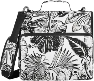 Black Flower Palm 3 Ring Zipper Binder with Shoulder Strap Portfolio Binder Bag for Business School Work Document Storage