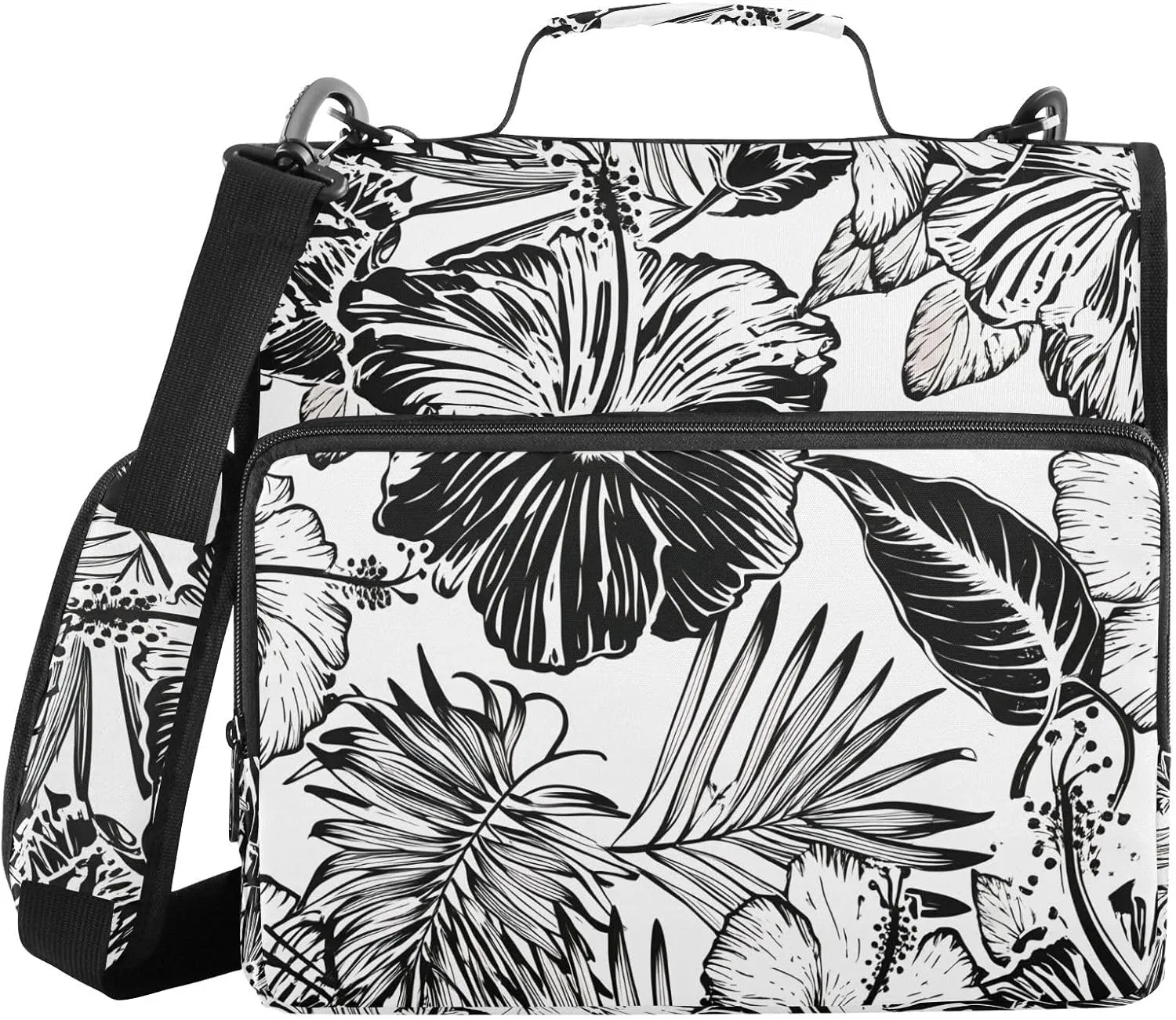 Black Flower Palm 3 Ring Zipper Binder with Shoulder Strap Portfolio Binder Bag for Business School Work Document Storage