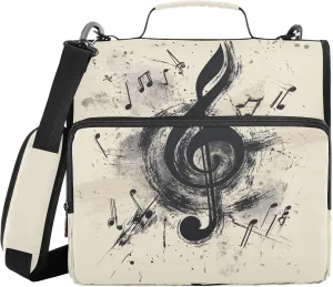 Black Musical Note 3 Ring Zipper Binder with Shoulder Strap Portfolio Binder Bag for School Office Supplies Storage