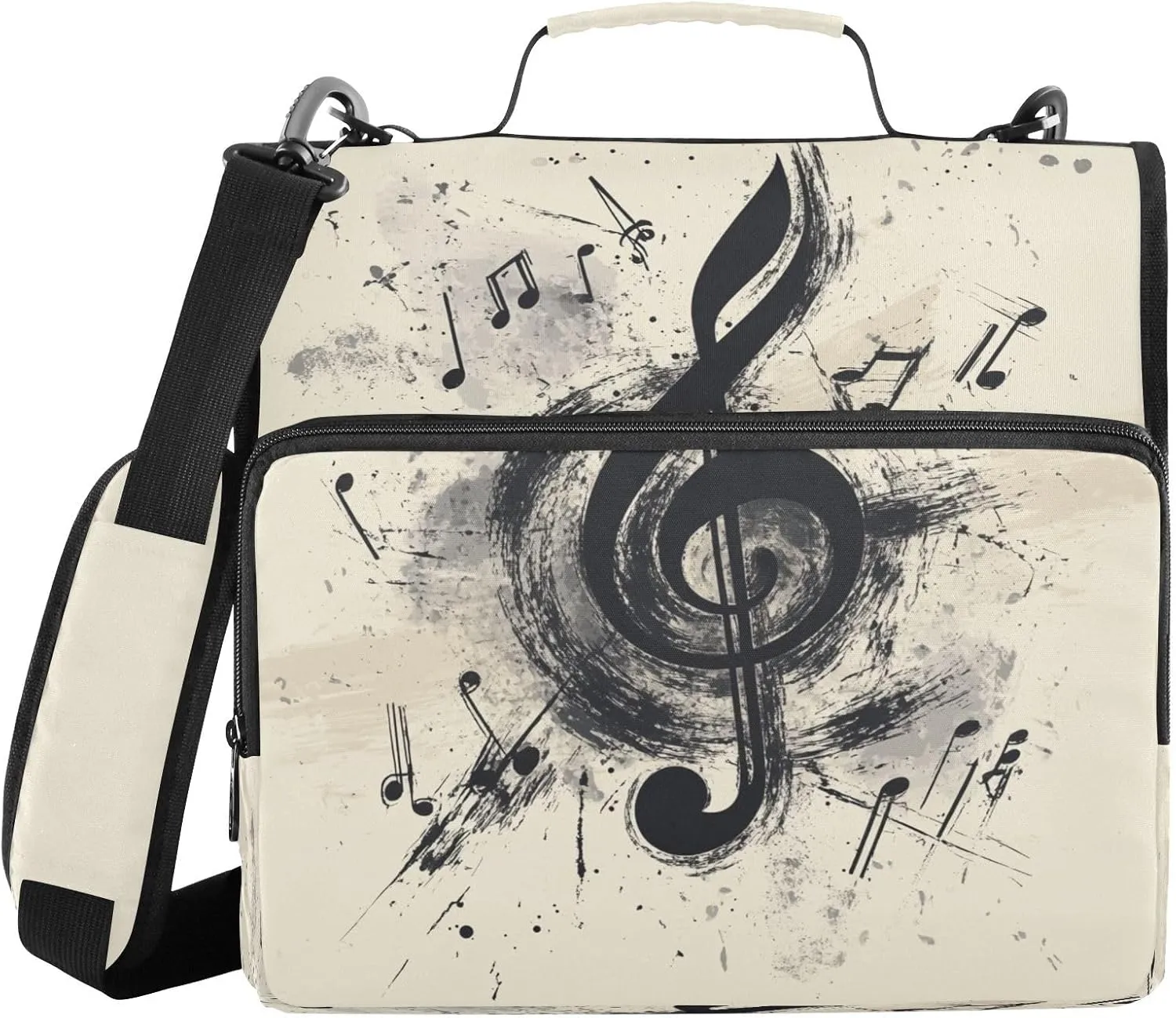 Black Musical Note 3 Ring Zipper Binder with Shoulder Strap Portfolio Binder Bag for School Office Supplies Storage