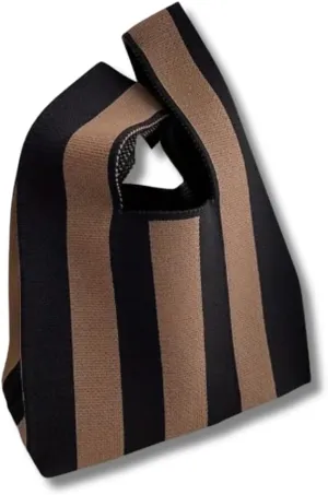 Black Striped Knitted Soft Mini Tote Trendy Crochet Hobo Bag, Casual Women's Knot Handbag Clutch & Purse for Everyday Travel