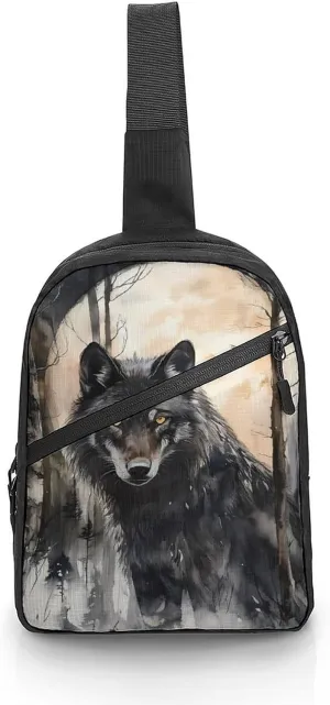Black Wolf in The Forests Chest Bag Foldable Crossbody Unisex Pack Travel Hiking Adjustable Shoulder Straps Sling Bags