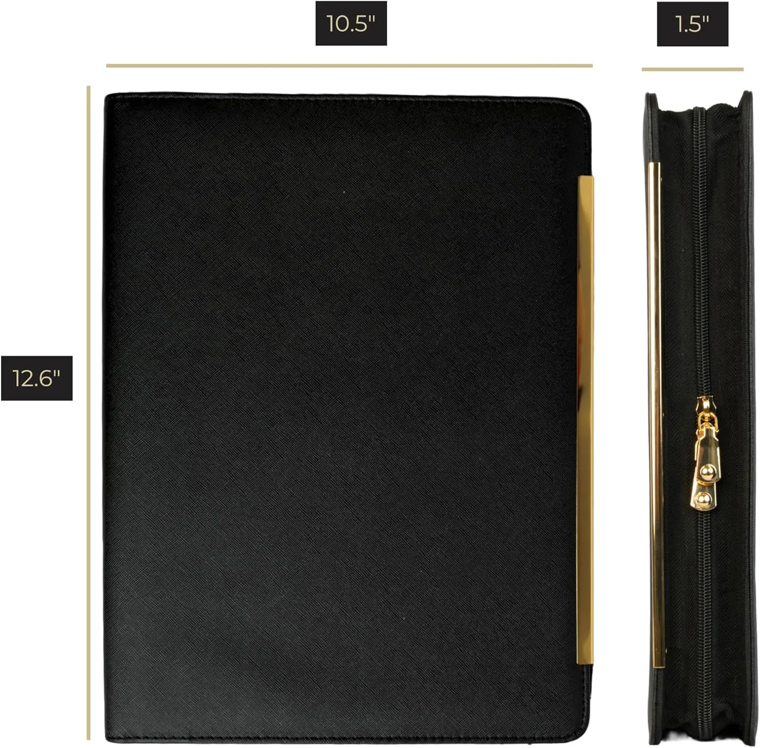 BLU MONACO Black Vegan Leather Portfolio Binder For Women - Professional Padfolio Work Organizer with Gold Trim, Zippered Business Case for Documents