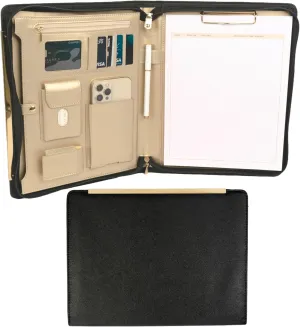BLU MONACO Black Vegan Leather Portfolio Binder For Women - Professional Padfolio Work Organizer with Gold Trim, Zippered Business Case for Documents